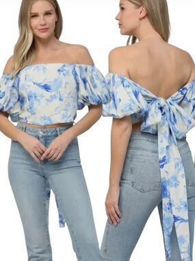 🌻NEW w/tag Fate Flora Puff Sleeve Top Blue Cream Floral Long Sleeve Blouse sz S